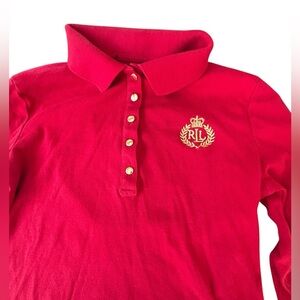 Lauren Ralph Lauren Red Long Sleeve Polo Shirt Gold Crest Logo Preppy Top